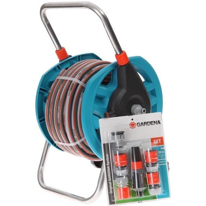 Enrollador de manguera portátil GARDENA con accesorios – 20 m de longitud – Conector antigoteo – Kit completo de manguera de jardín – 5 años de garantía (2691-20)