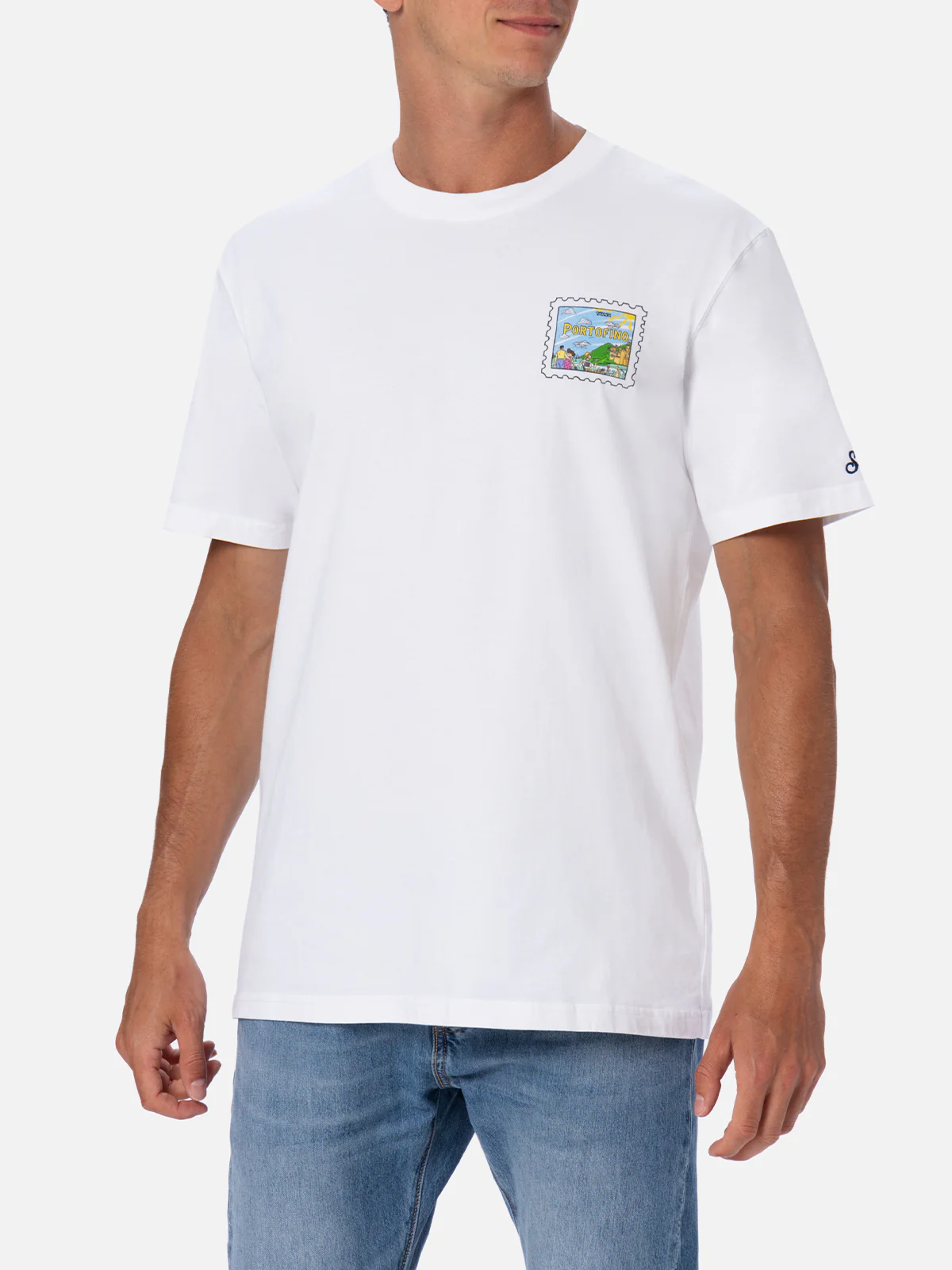 Heren katoenen T-shirt met een ansichtkaartprint van Portofino op de voor- en achterkant.
