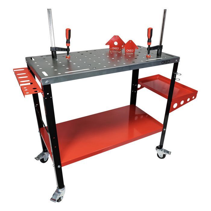 Mesa de soldadura rodante - Superficie perforada de 91x46 cm - 2 abrazaderas, 2 imanes - Capacidad de carga de la mesa de soldadura: 300 kg