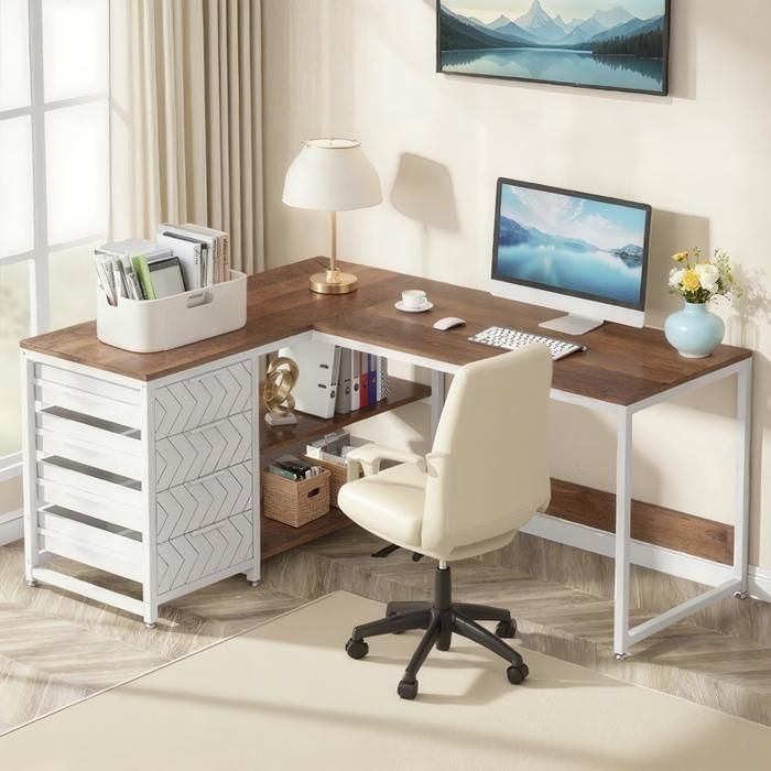 TOPESCT Bureau d'angle réversible en forme de L avec 4 tiroirs et 2 étagères pour Bureau, 155 x 110 x 75 cm,Noyer et blanc