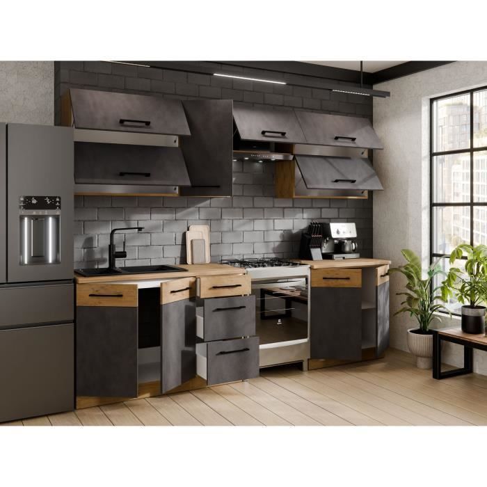 ROCK 7-delige complete keuken - Lancelot eikenhout en Matera grijs afwerking - B260 x D52 x H82 cm - Werkblad niet inbegrepen