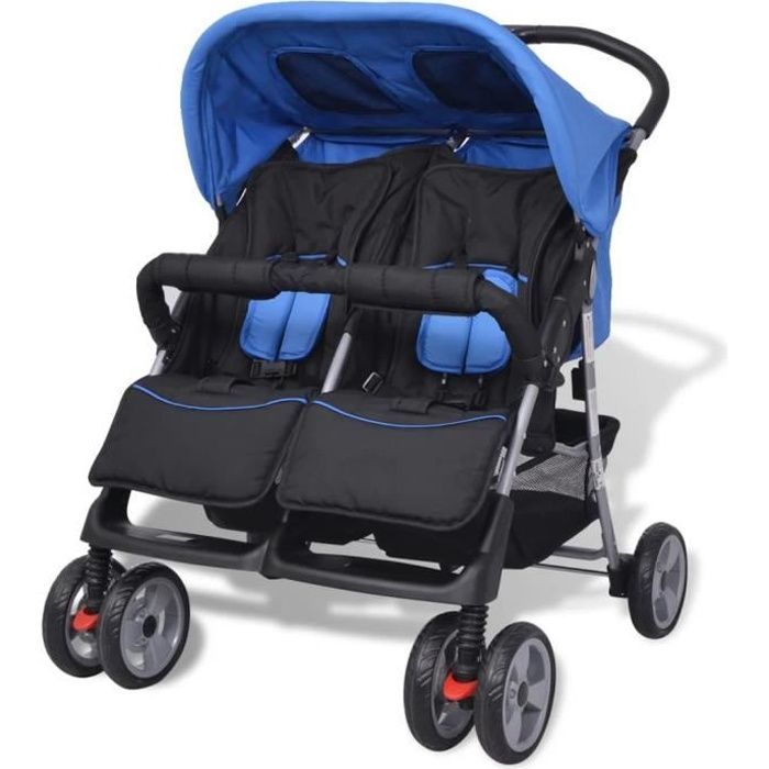 Twin Double Stroller - Two-Seat Stroller, Suitable for 1-2 Children - Steel, Blue and Black
