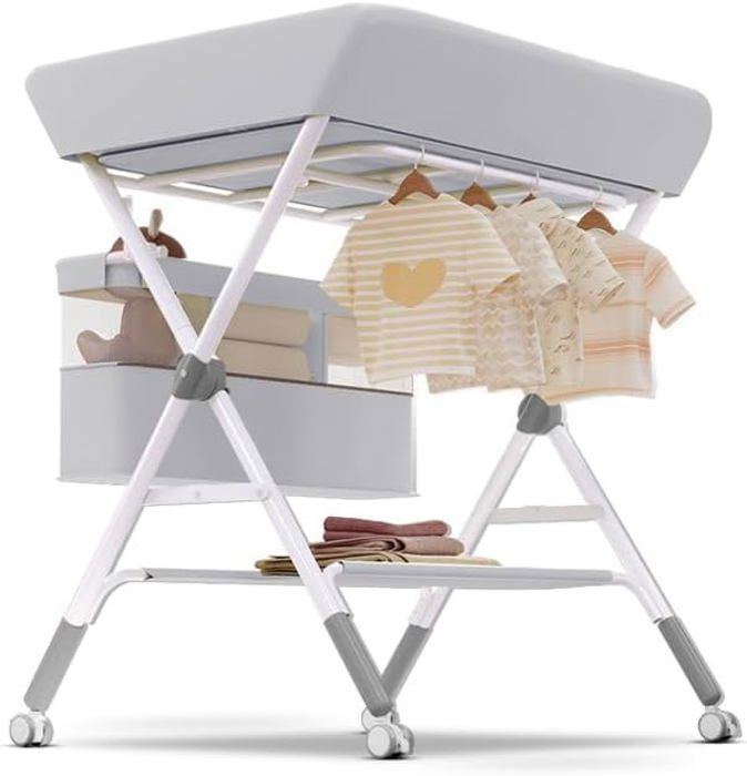 Foldable and Portable Changing Table with Wheels and Basket, Adjustable Height, Metal Frame, Oxford Cloth, Grey, 60x80x103cm