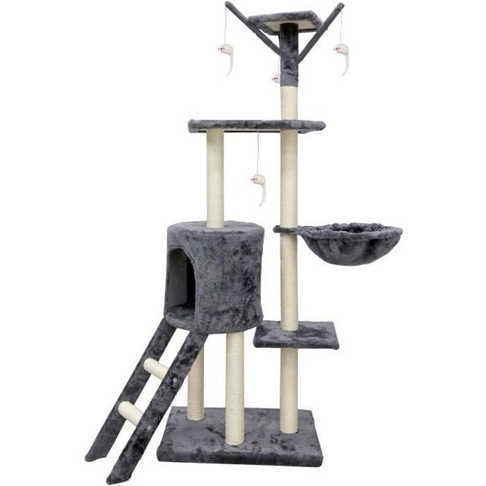 JIPSY Arbre à chat gris 79 x 34 x 138 cm - 3 plateformes, 1 perchoir, 1 niche,  1 escalier, poteaux à griffer