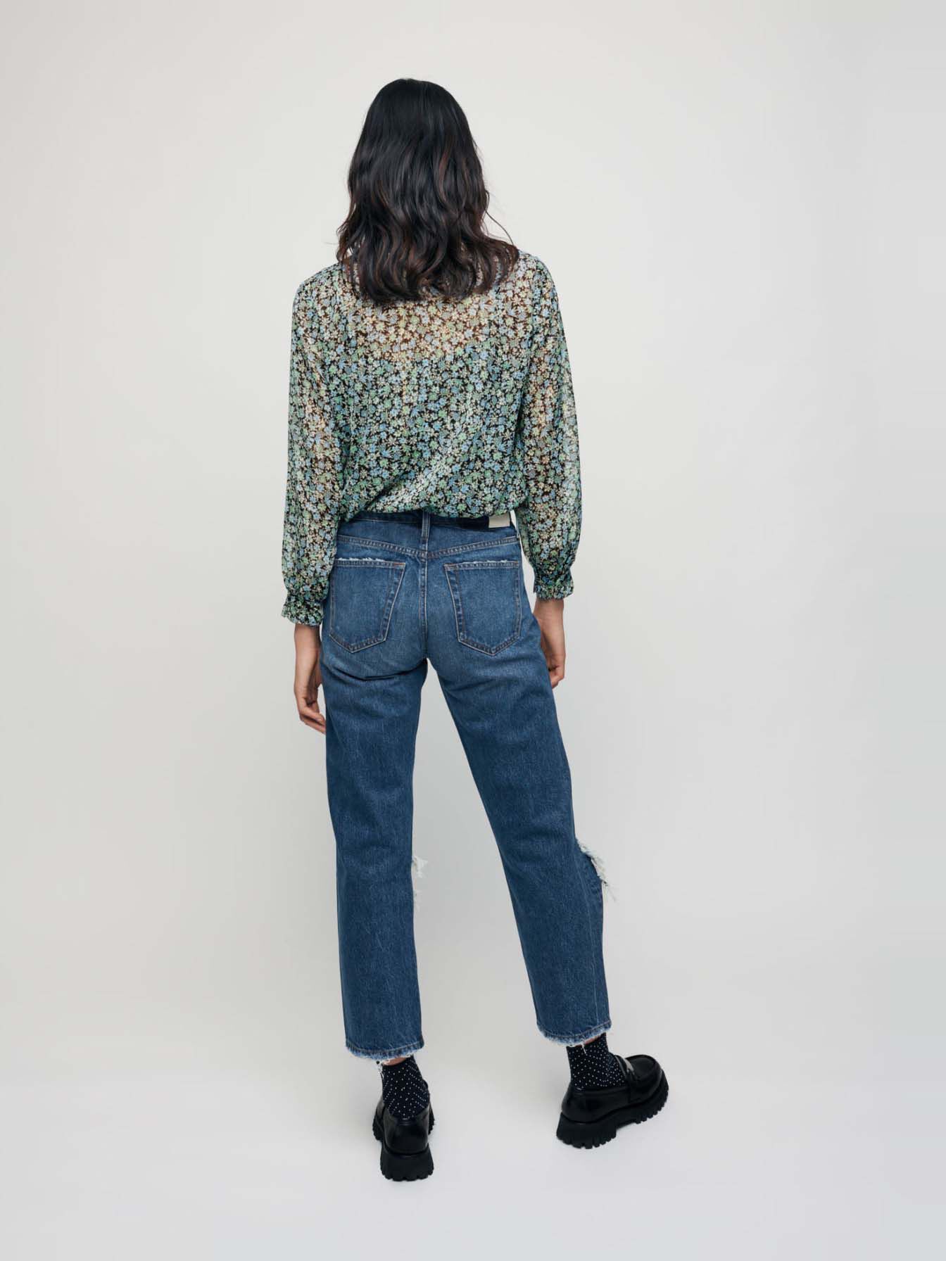 Jeans met hoge taille en verwassen look - Blauw