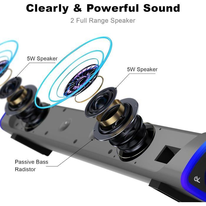 Altavoz para PC, altavoz autoamplificado para ordenador, entrada AUX de 3,5 mm, Bluetooth 5.0, luces LED, barra de sonido para PC, portátil y smartphone.