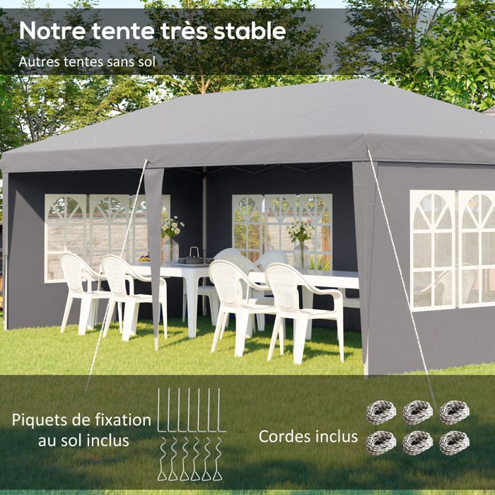 Tonnelle pop-up pliante - tente de réception - 3 x 6 m 3 cotés démontables gris