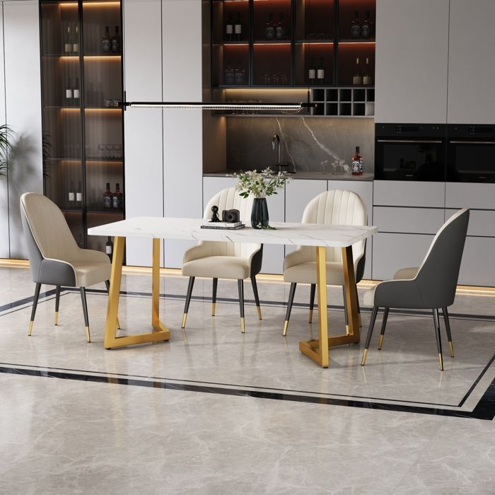 Table à Manger +Structure en Métal -Rectangulaire- Table de Cuisine Moderne pour Salle à Manger Salon 117x68x75cm Or+Blanc