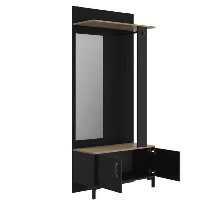 GAMI Meuble d'entrée 2 portes -  Made in France - Décor chêne sonoma et noir - L 81 x H 190 x P 37 cm - STORE