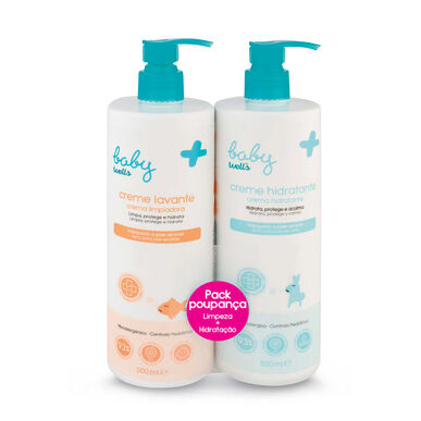„Baby Wells Pack“ drėkinamasis kremas ir valomasis gelis jautriai odai 2 x 500 ml 2 x 500 ml