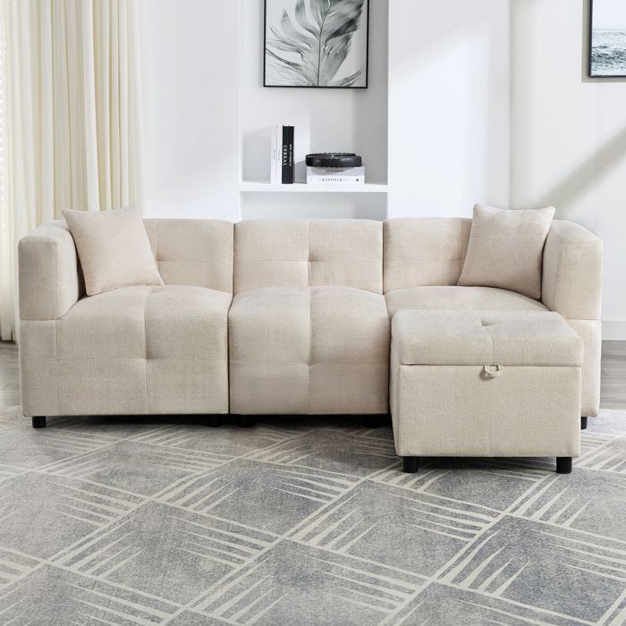 Canapé d’angle 3 places en chenille avec coffre de rangement, pouf modulable et 2 coussins – Beige