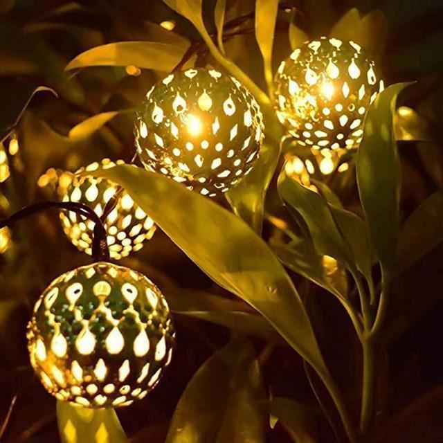 Lampada da terra per esterni, luci solari marocchine a catena in metallo argentato, luce a globo a LED, decorazione natalizia - Bianco caldo - 8 m 50 LED