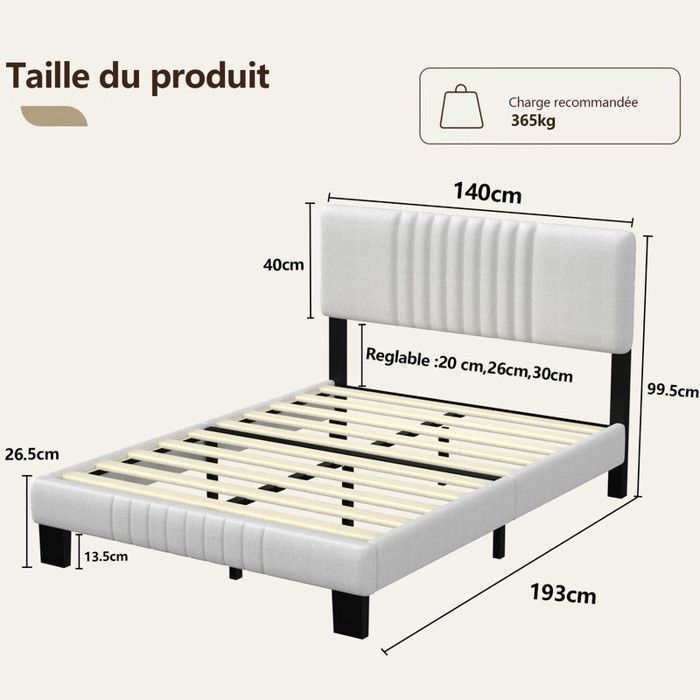 Estructura de cama de 140x190 cm, cabecero regulable en altura, estructura metálica con somier de láminas, tejido de lino, colchón no incluido.