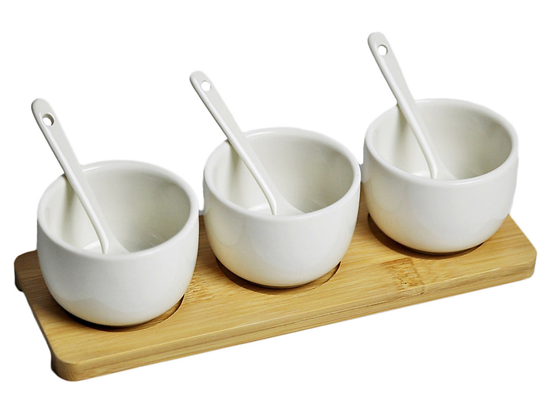 Miski na bambusowej podstawce porcelanowe 3 szt. białe