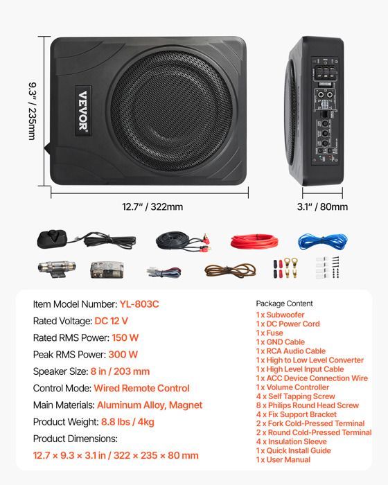 Subwoofer VEVOR da 300 W e 203 mm per auto, da installare sotto il sedile, con amplificatore integrato, ingresso ad alto/basso livello e controller.