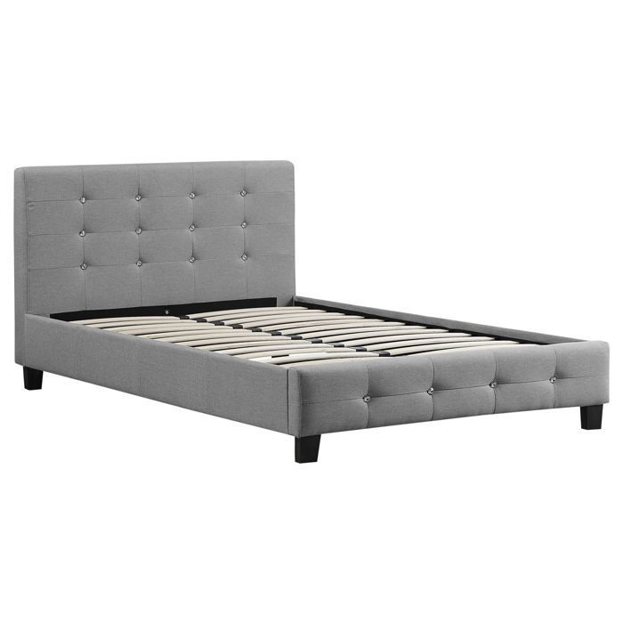 JOLIEN eenpersoonsbed voor volwassenen met lattenbodem van 120x190 cm, geschikt voor 1,5 persoon, hoofd- en voeteneinde bekleed met strass-steentjes, in grijze stof.