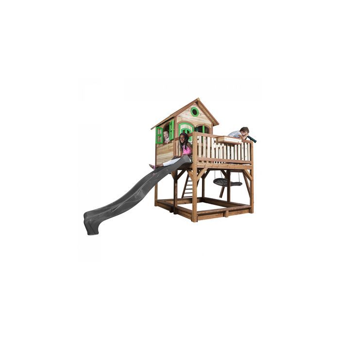 AXI Liam Maison Enfant avec Bac à Sable, Balançoire nid d'oiseau noir & Toboggan Gris | Aire de Jeux pour l'extérieur en marron