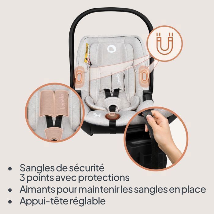 Seggiolino auto LIONELO Moxie i-Size per neonati - Porta bebè 40-87 cm - Tessuto in bambù naturale - Leggero - 0-13 kg - Gruppo 0+ - Beige