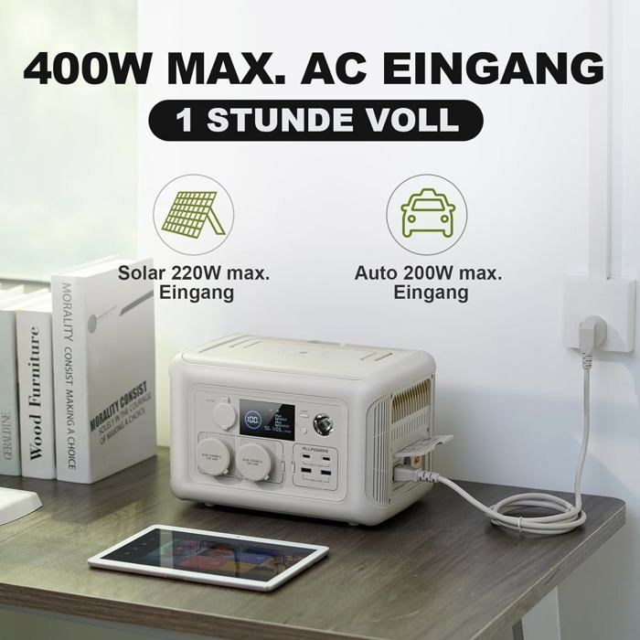 ALLPOWERS R600 – Tragbare LiFePO4-Powerstation, 299 Wh, 600 W (1200 W Spitzenleistung), 1 Stunde Schnellladung und 220 W Solarleistung
