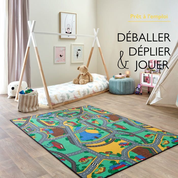 Tapis de Jeu Enfant 140x200cm, Little Village - Tapis Circuit Voiture - Lavable - Antidérapant - Carpet Studio