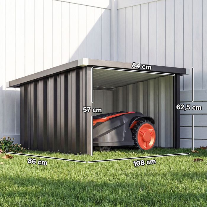 Schuilplaats/garage voor robotmaaiers met schuin dak van gegalvaniseerd staal, 108 x 86 x 62,5 cm, donkergrijs