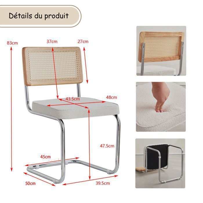 4er-Set Stühle – DOWISDOLY – Esszimmerstühle – Rattan und Metall – Weißes Fleece