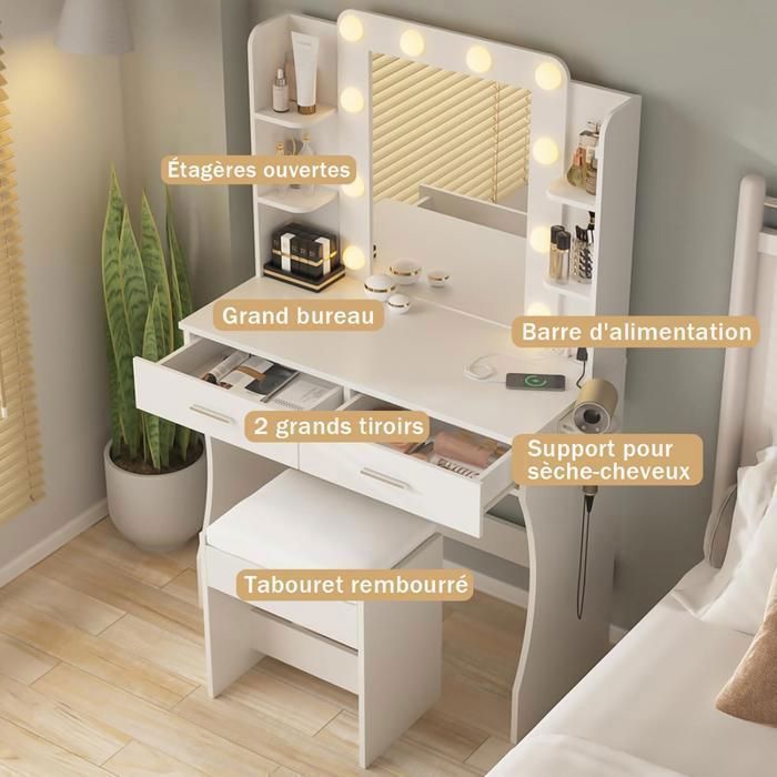 Dressing Table with LED Mirror and Stool - NHHF - 85x40x140 CM - 3 Lighting Modes - 2 Sockets and 2 USB Ports - 2 Drawers - 4 Shelves