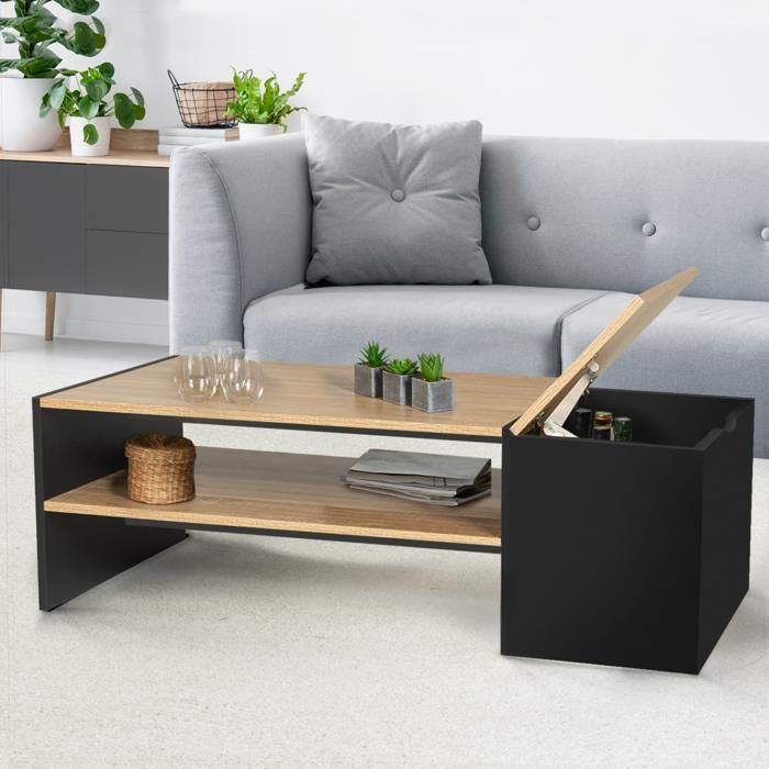 Tavolino da bar rettangolare contemporaneo IDMARKET IZIA con vano portaoggetti nero e ripiani in legno.