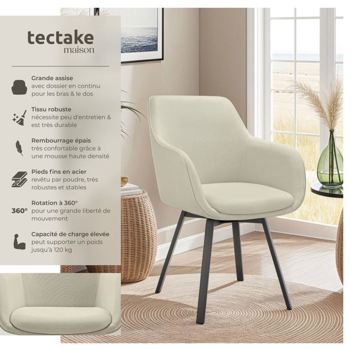Chairs - TECTAKE - Set of 4 ALICON upholstered swivel chairs with armrests and continuous backrest - Grey/Beige