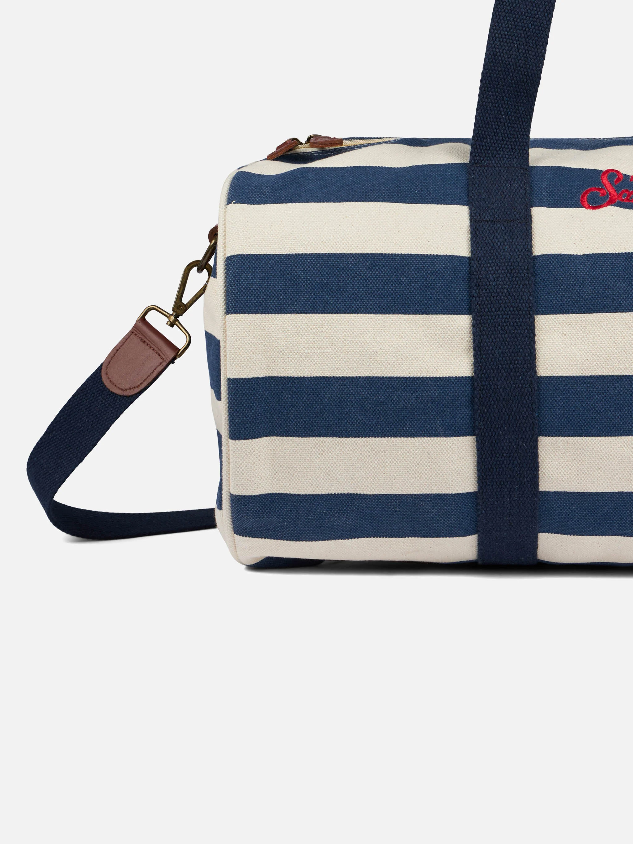 Sac de voyage en coton à rayures bleu marine et blanches avec broderie Saint Barth | 100 % coton | MC2 Saint Barth