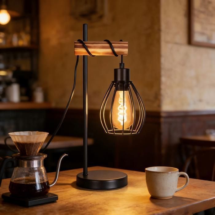 Nettlife Lampe de Table Industrielle Bois & Métal Noir, Cage, pour Salon/Chambre/Bureau/Cuisine