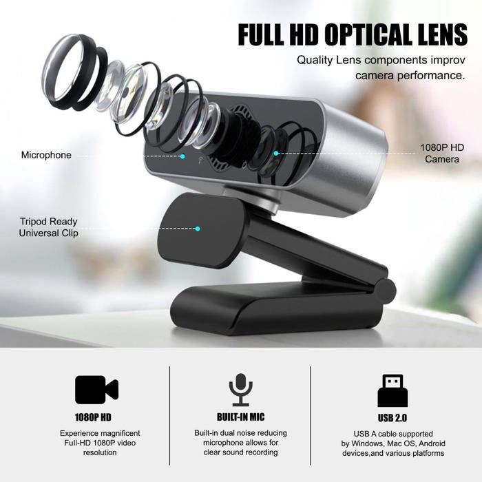 Webcam pour PC avec Micro, 1080P Full HD Caméra Web avec Microphone, 360° Rotation USB Caméra Plug Play pour Vidéo et