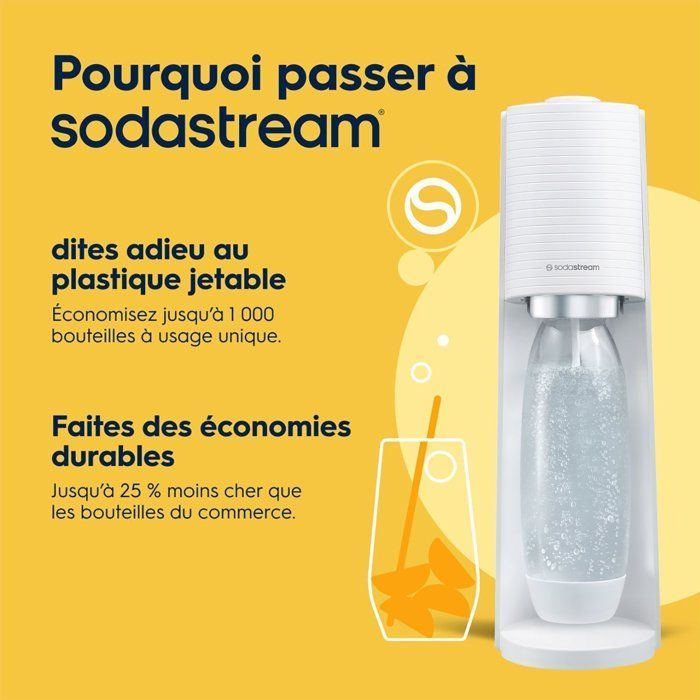 Machine à soda et eau pétillante SODASTREAM - TERRA Blanche - 1 bouteille compatible lave-vaisselle - 1 recharge de gaz 60L