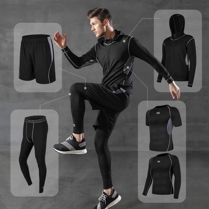Conjunto deportivo de 5 piezas para hombre, de secado rápido, transpirable, color gris.
