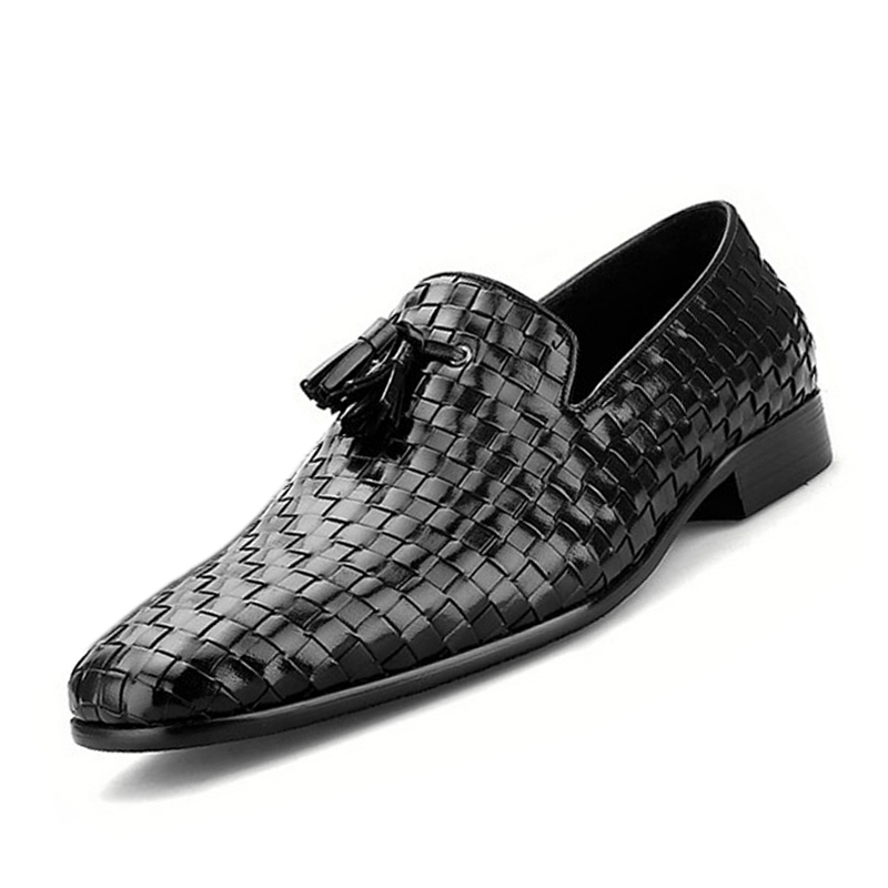 Sapatos masculinos de couro genuíno de marca, com padrão trançado, super macios, estilo mocassim, confortáveis, para dirigir, com borla.