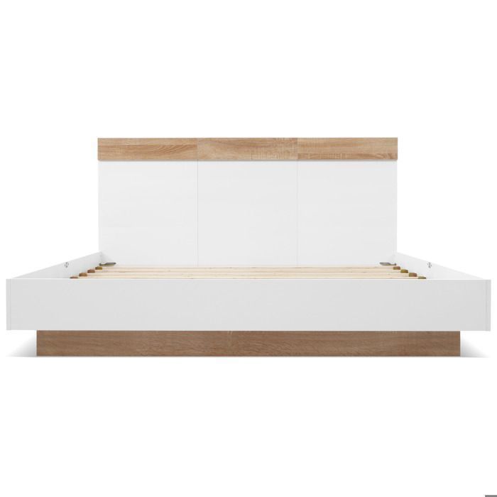 Lit Double 180x200 cm - en Bois Blanc et Chêne - avec Sommier à Lattes - Lit Design Flottant Moderne - sans Matelas