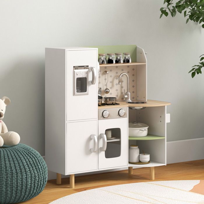 Cocina infantil - AIYAPLAY - Juego de imitación de madera con máquina de hielo, fregadero y utensilios - Madera - 84x34x89cm - Blanco
