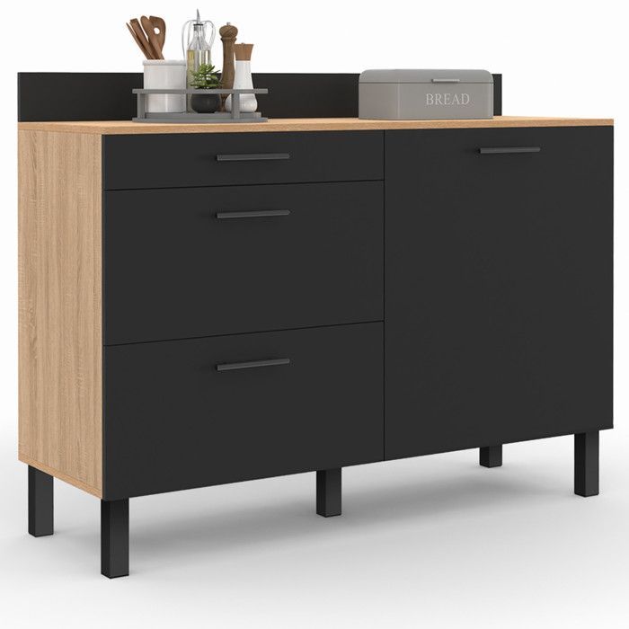 IDMARKET Buffet bas casserolier de cuisine 120 CM CINA plan de travail H.83 cm 1 porte + 3 tiroirs façon hêtre et noir
