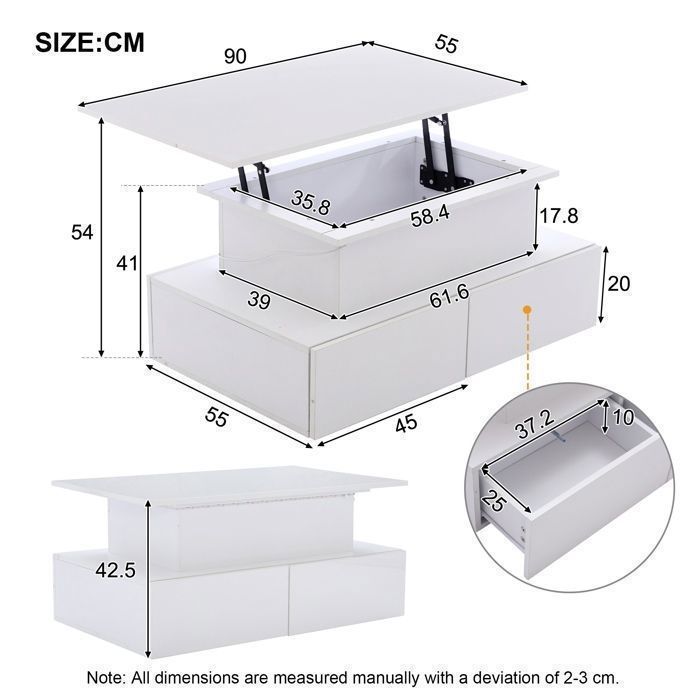 Tavolino da caffè con piano sollevabile e illuminazione a LED, 90 x 55 x 41 cm, lucido, con 4 cassetti e vano portaoggetti nascosto - Bianco