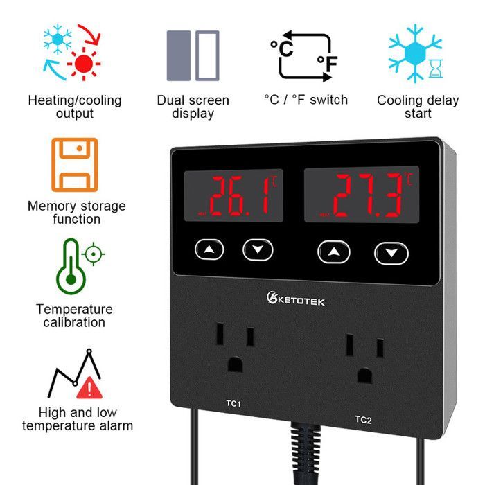 KETOTEK KT99pro Digitale temperatuurregelaar met dubbele uitgang, 10A relais, verwarming, koeling, thermostaat, met stekker.