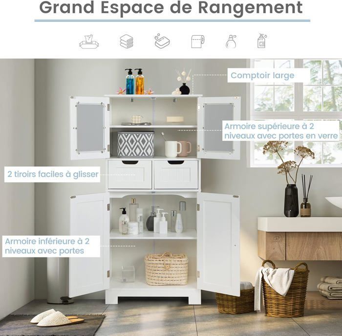 GIANTEX Bathroom Cabinet - Storage Column with 2 Drawers and Adjustable Shelves - Wooden Chest of Drawers - 60 x 30 x 128 cm - White