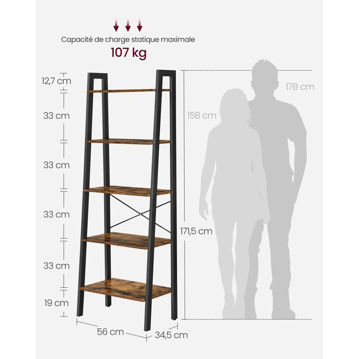 VASAGLE - 5-Tier Bookshelf - Vintage Stepped Shelf - Rustic Brown and Black