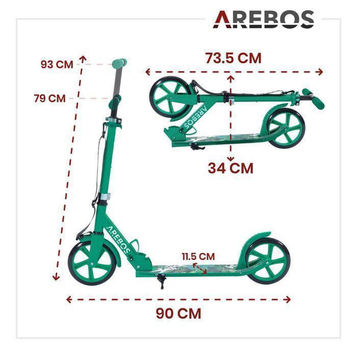 AREBOS Trottinette de ville scooter Vert réglable en hauteur | pliable | ceinture incluse | roues XXL | frein au pas | pour enfants