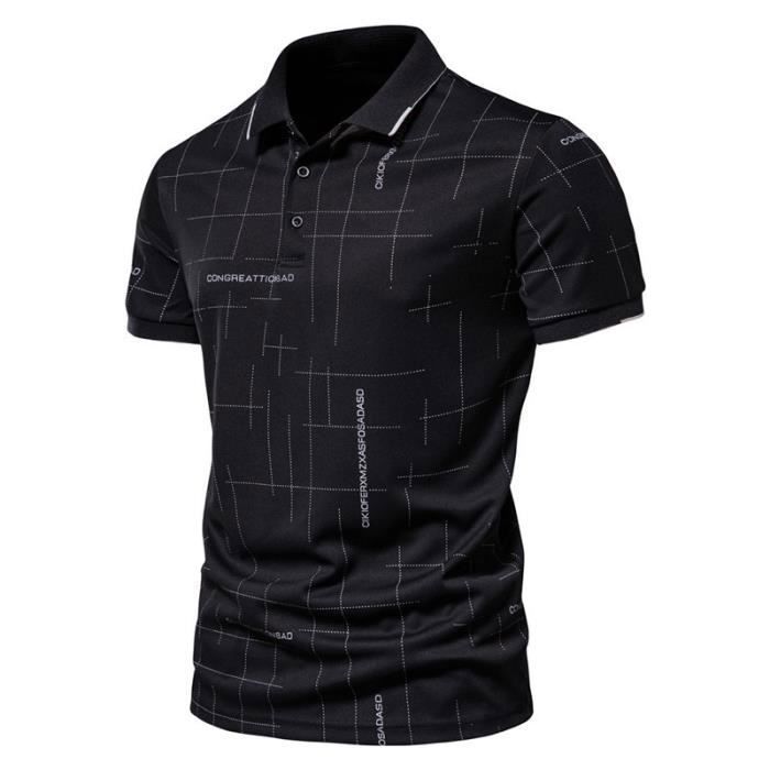 Men's Summer Printed Short Sleeve Casual Fashion Polo Shirt - Black - INSFITY - Slim Fit - Adult