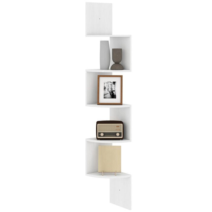 Estantería esquinera de pared - HOMCOM - Unidad de almacenamiento en zigzag de 5 niveles - Ahorra espacio - Madera - 20x20x126cm - Blanco
