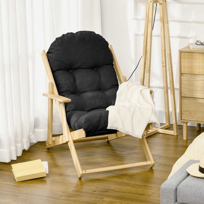 Fauteuil relax - HOMCOM - pliable et inclinable - coussin capitonné épais - bois d'hévéa - 71x89x96cm - noir