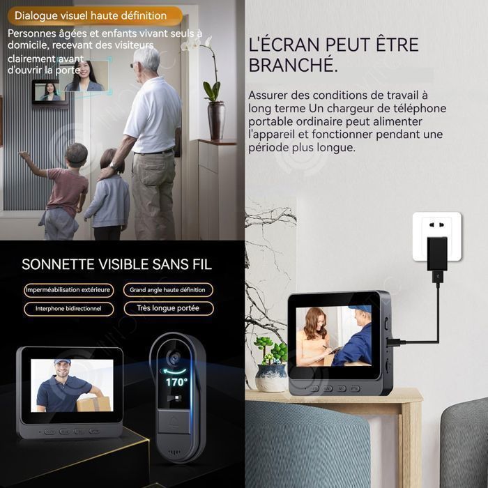 Sonnette sans fil INN® 4,3inch écran IPX66 1080p 1000mAh interphone vidéo sonnette électronique Equipé d'une carte mémoire de 128