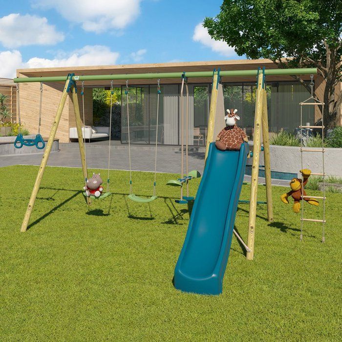 Schaukelanlage aus Holz/Metall – 5 Spielelemente mit Rutsche – MAKUTA 2 – ALEO BY TRIGANO
