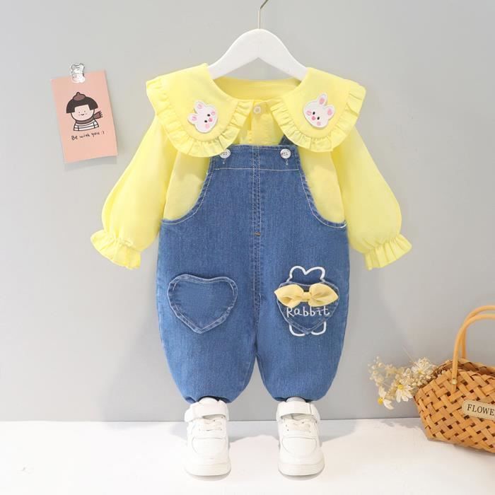 Conjunto de ropa de algodón de 2 piezas para niña, top y pantalón vaquero, bonito y moderno conjunto de primavera/otoño, amarillo