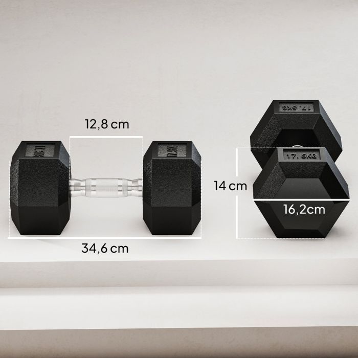 Haltère hexagonal - 35 kg - Noir - Poignée antidérapante - Hexagone Ø16,2 cm - Longueur poignée 12,8 cm